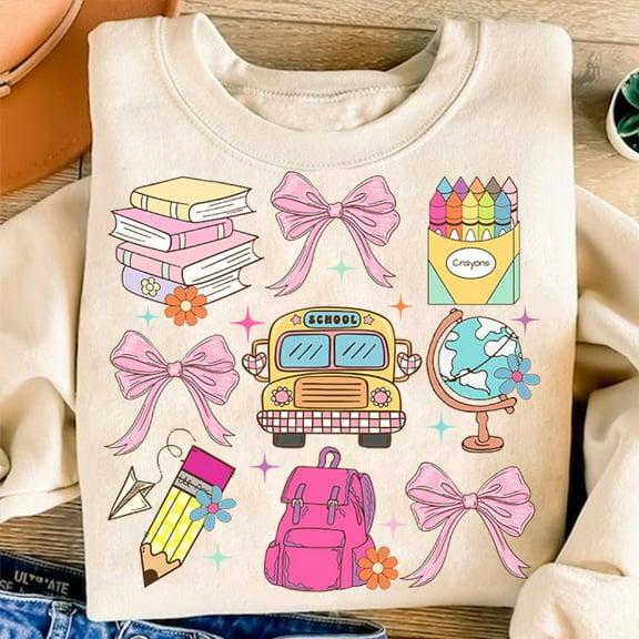 Back to School Sweatshirt, Coquette Pencil Bow Crewneck, School Bus and Book Pullover, Cute First Day Top, Aesthetic Teacher Sweatshirt