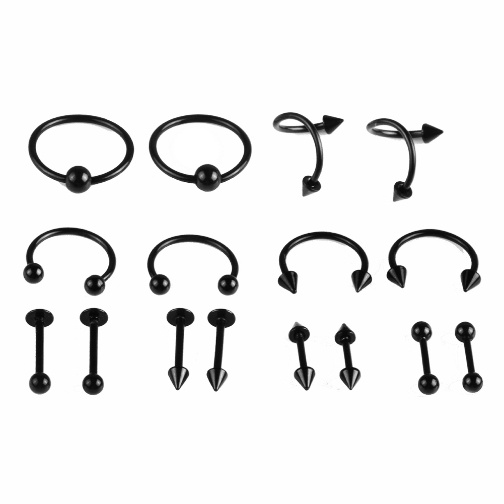 NUZYZ 16Pcs Lip Nose Eyebrow Stud Belly Tongue Rings Body Piercing Tool Jewelry Black