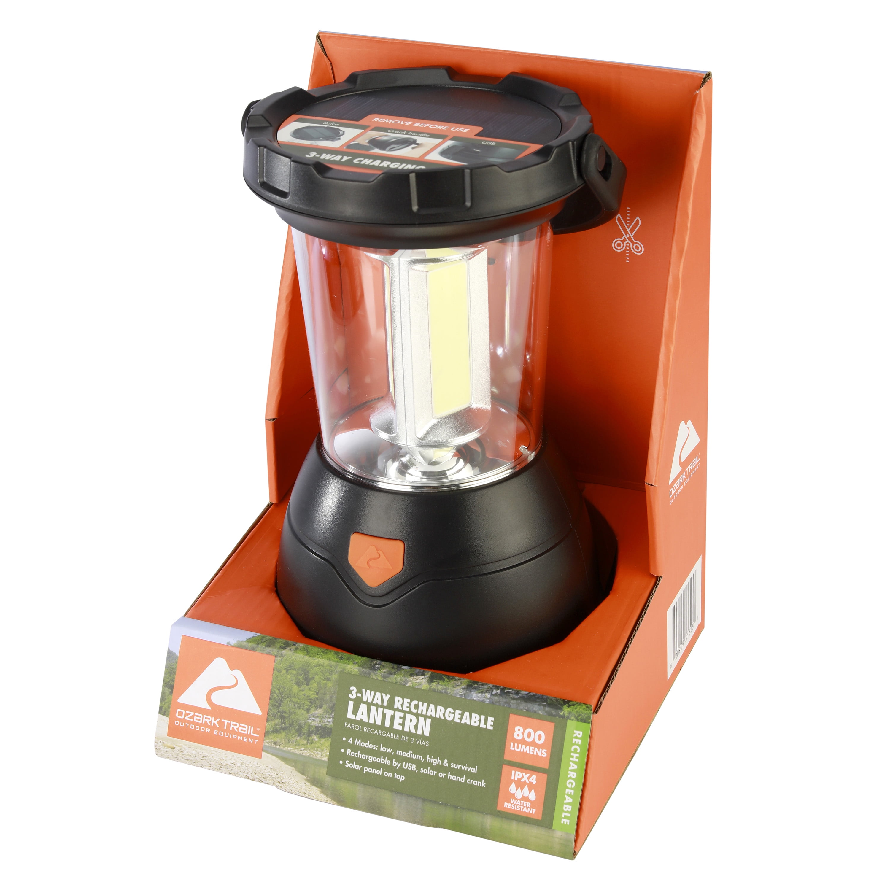 Ozark Trail Triplex LED Survival Lantern, 800 Lumens, Rechargeable, Solar,  and Crank, Model 31625