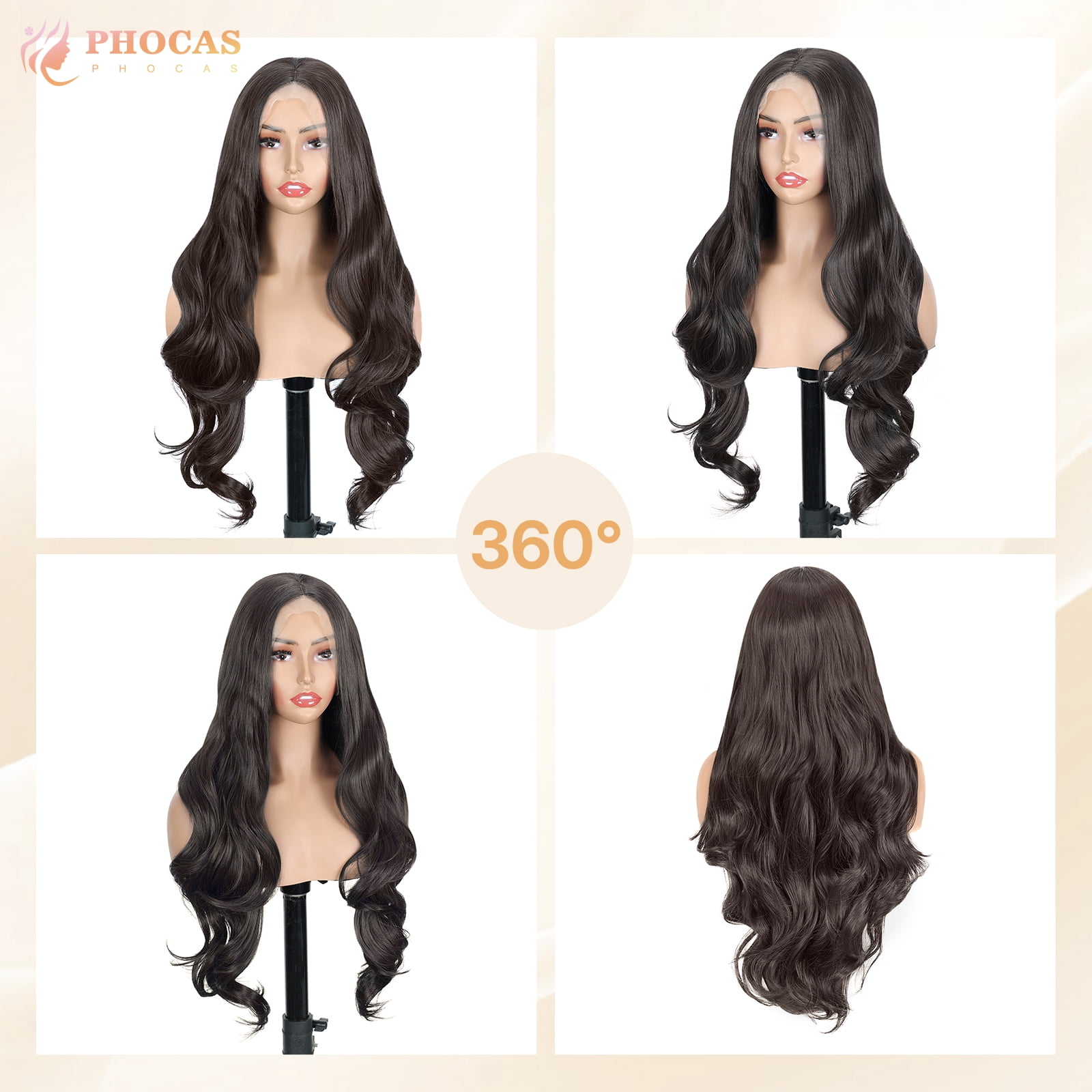 PHOCAS 28 Inch Deep Wave Lace Front Wig 13x3 Synthetic Glueless Wig for Women Pre Plucked Natural Hairline Heat Resistant Easy Style Dark Brown