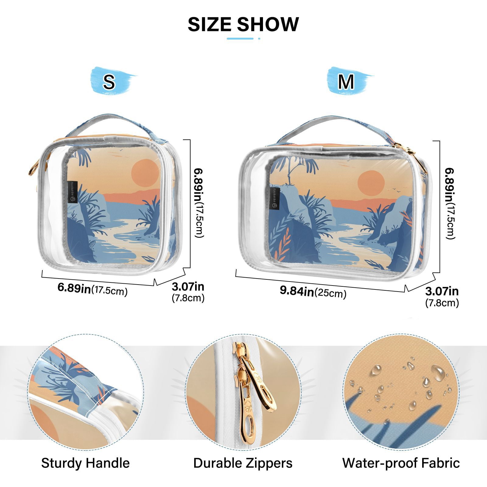 Clear Makeup Bags with Handle Large Opening 2 Pack Set Toiletry Bag Quart Size Bag, for Women Man Traveling Travel Essentials, Toiletries and Other. Hand Drawing River