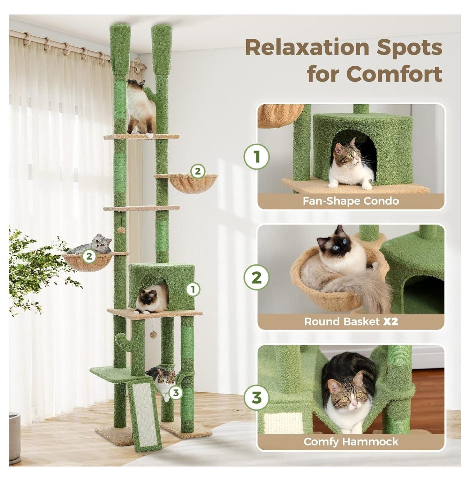 Cactus Cat Tree Floor to Ceiling, 85-112 Inch Adjustable Cat Tower - 7 Tier Climbing Center with Hammocks & Scratching Posts for Indoor Cats