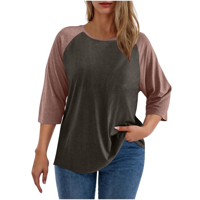 SwiftWear Femmes Col Rond Manches 3/4 Grande Taille Tops à Blocs de Couleur T-Shirts Décontractés Basiques Amples Style Long Mode Extérieure Blouse Imitation Coton 2025