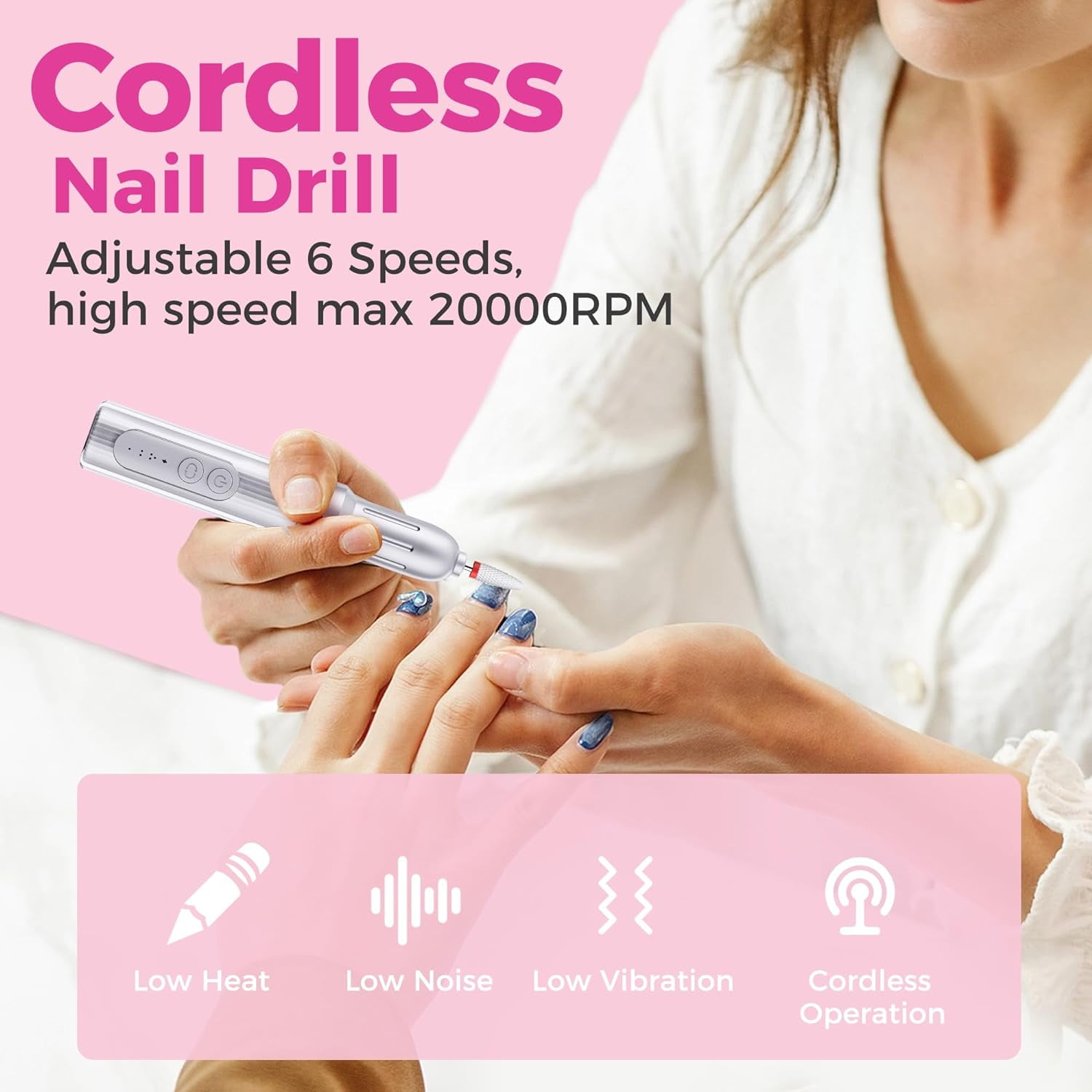 Qifang Cordless Electric Nail Drill Kit 18000RPM, 13-Piece Portable Efile with Ceramic Head & 11 Metal Bits for Acrylic Gel Nails Manicure Pedicure Polishing, Black