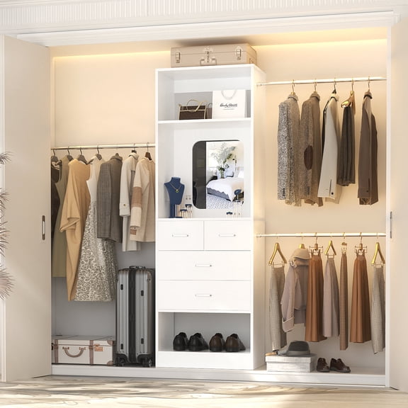 Homieasy 25'' - 96'' W Closet System with Wooden Drawers and Hanging Rods(Cut to Fit), White