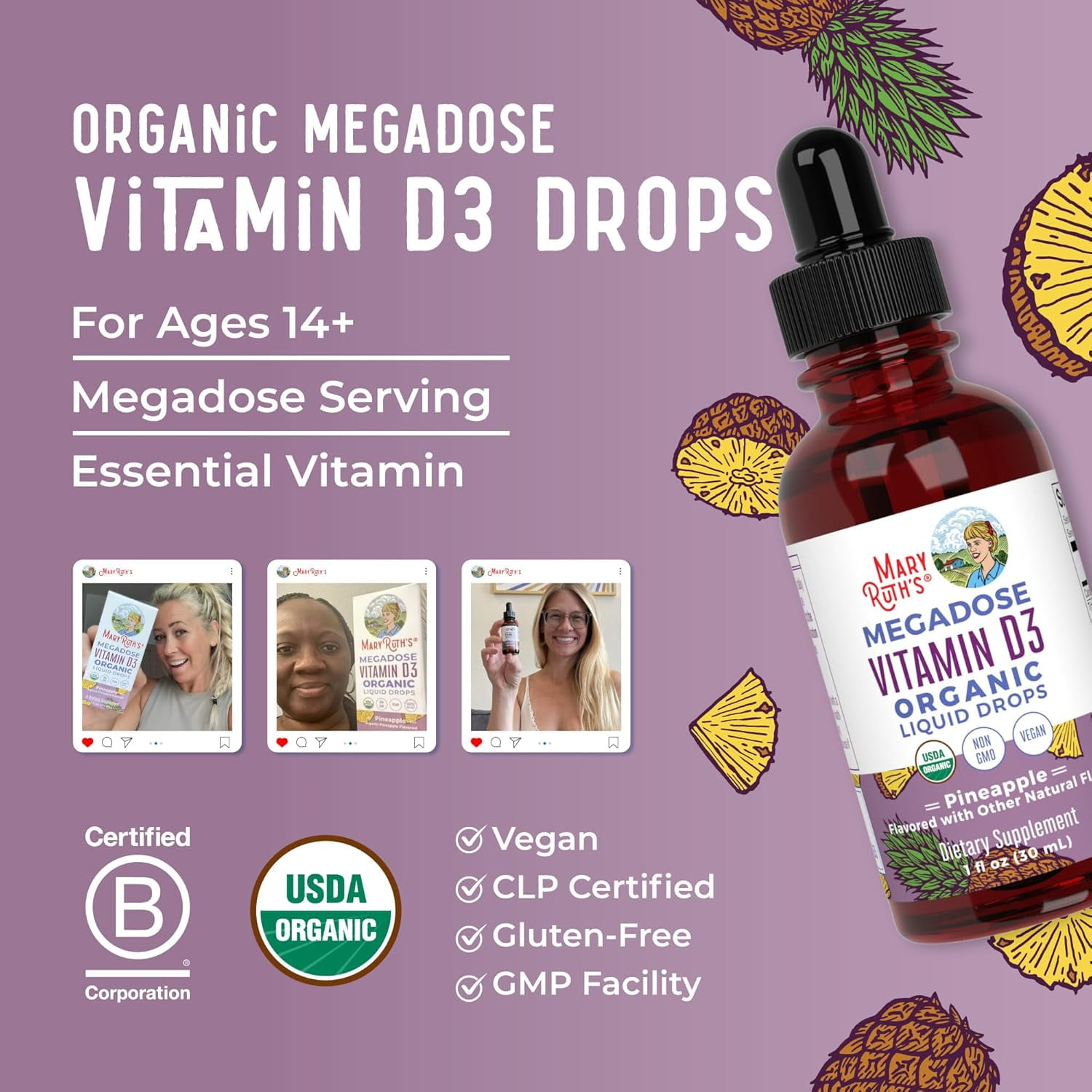 MaryRuth's Megadose Vitamin D3 Liquid Drops, USDA Organic, Vegan, 100 Mcg for Immunity Bone and Muscle Support, Unisex, 1 Count, 1 fl oz