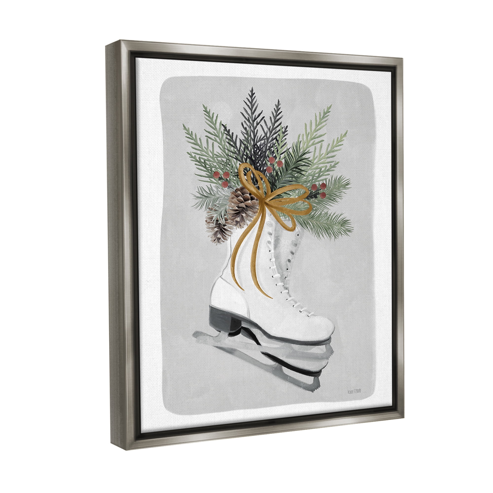 Stupell Industries Winter Skates & Pinecone Botanical & Floral Painting Gray Floater Framed Canvas Art Print Wall Art, 17 x 21