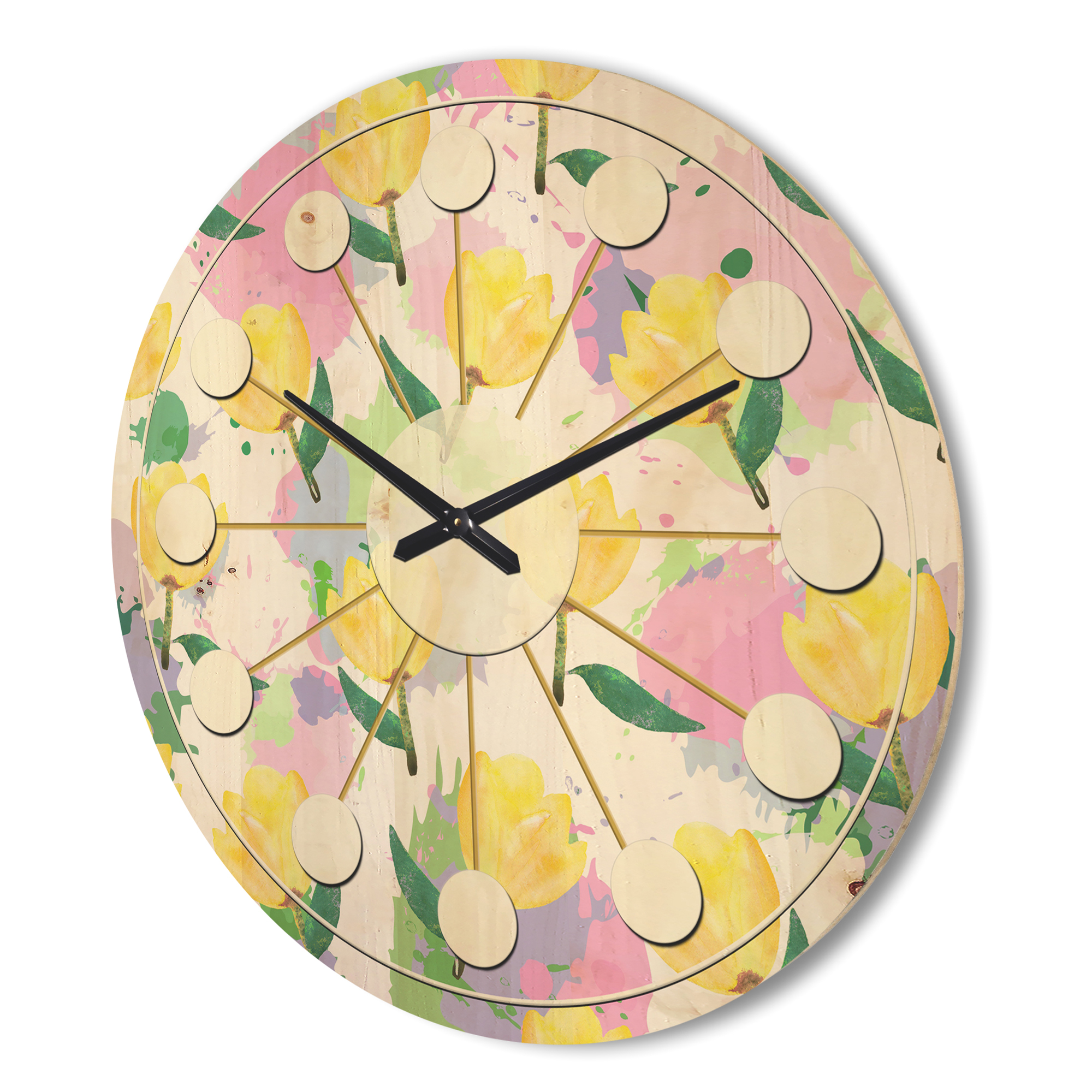Designart 'Flowers With Floral Pattern' Mid-Century Modern Wood Wall Clock