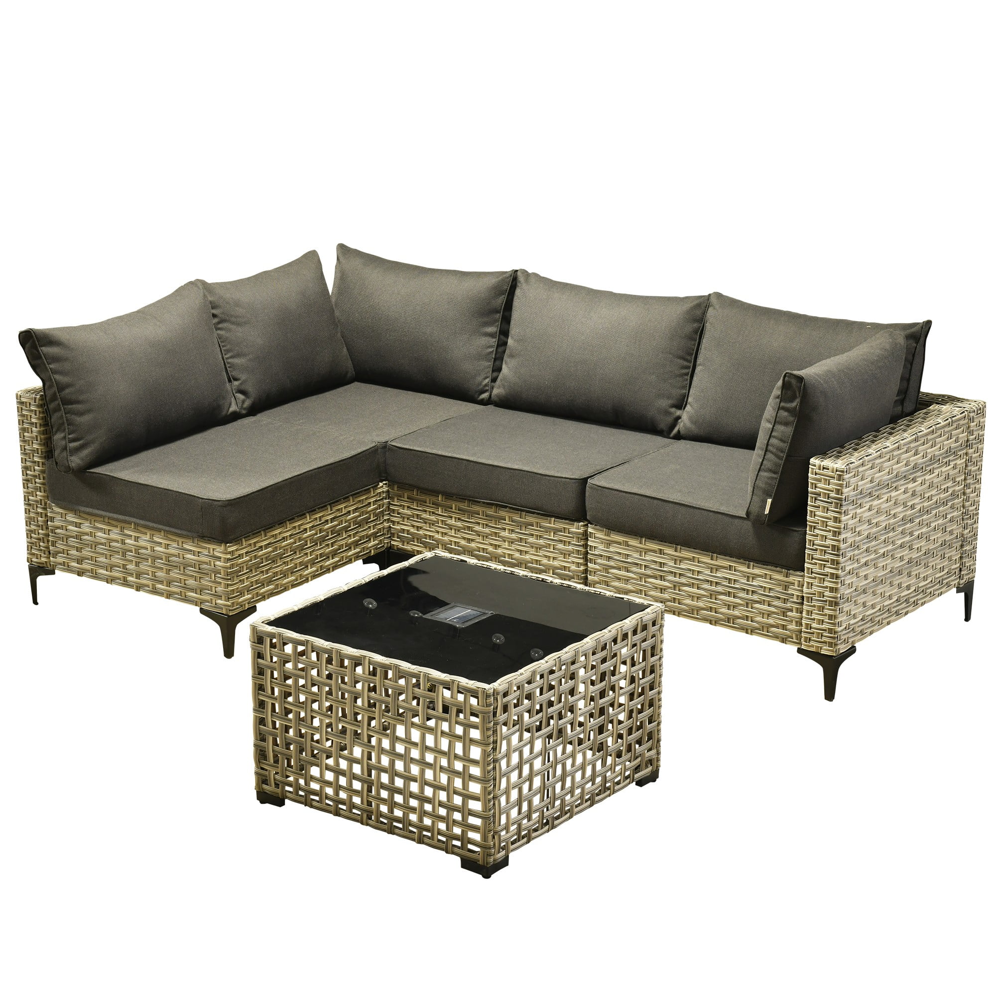 Ovios 5 Pieces Outdoor Patio Furniture Wicker Conversation Sectional with High-Back & Solar Lamps Coffee Table for Backyard