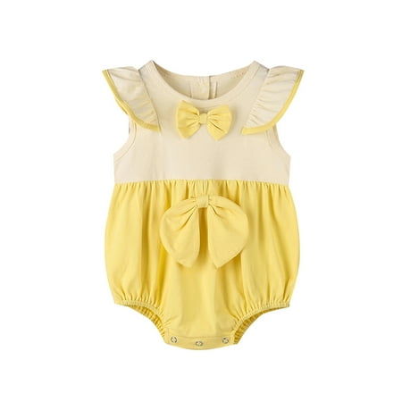 

Newborn Infant Baby Girl Romper Contrast Color Round Neck Fly Sleeve Bowknot Bubble Jumpsuit