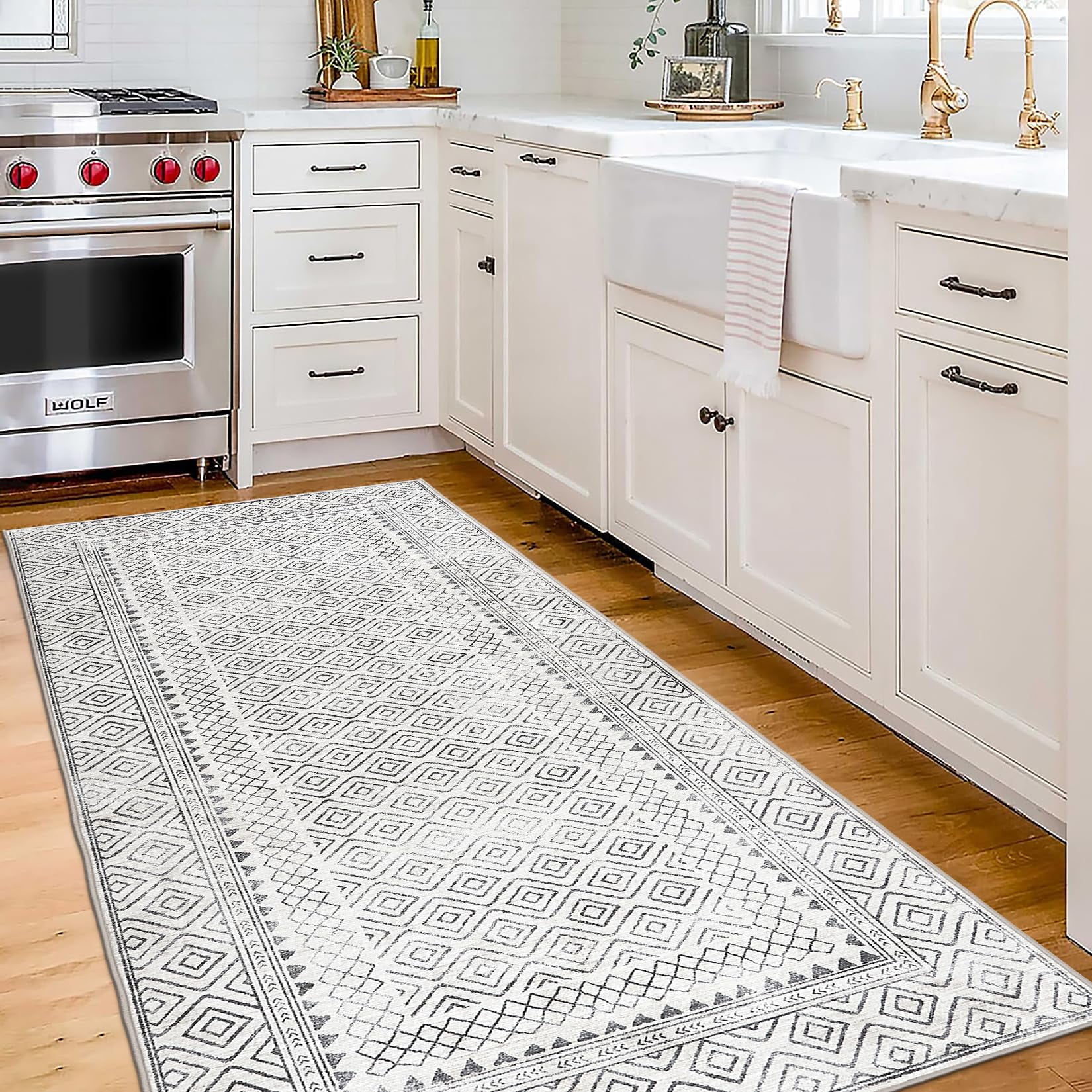 ReaLife Machine Washable Area Rug Runner - Living Room Bedroom Bathroom Kitchen Entryway Office - Padded Low Pile Stain Resistant Premium - Boho Farmhouse Vintage - Aria - Ivory 2'6" x 6'