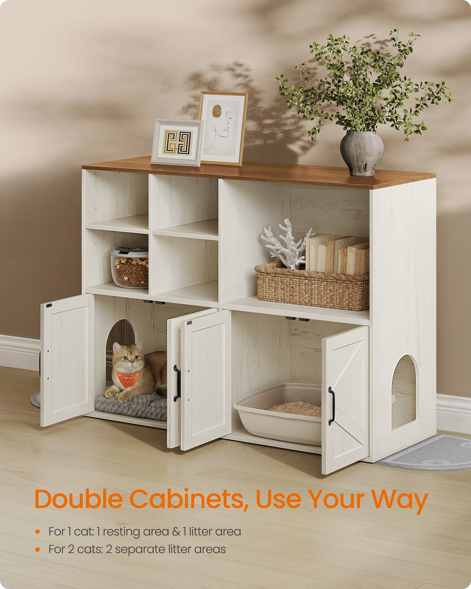 Feandrea Litter Box Enclosure for 2 Cats, Hidden Litter Box Furniture with Storage Cabinet, Double Room, Honey Brown and Rustic White