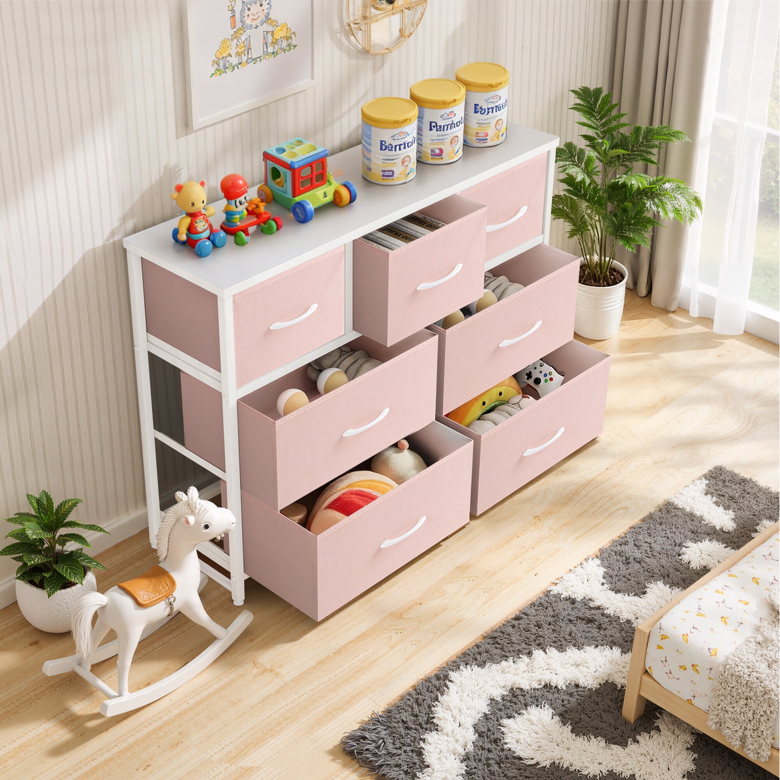 Dresser, Betcozy Storage Organizer with 7 Drawers for Bedroom, Chest of Drawers with Fabric Bins, Sturdy Metal Frame, Wood Tabletop for Guest Room, Closet, Entryway, Nursery, Pink
