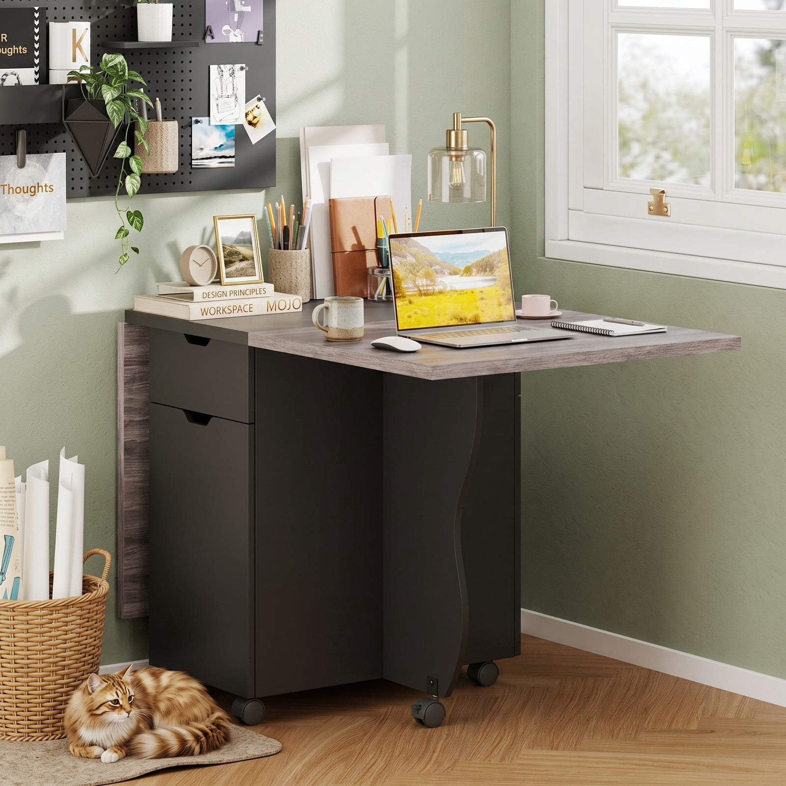 Furnibear 3-in-1 Folding Dining Table, Space-Saving Drop Leaf Kitchen Table with Storage Drawers, Cabinet & 6 Lockable Wheels for Small Spaces, Black