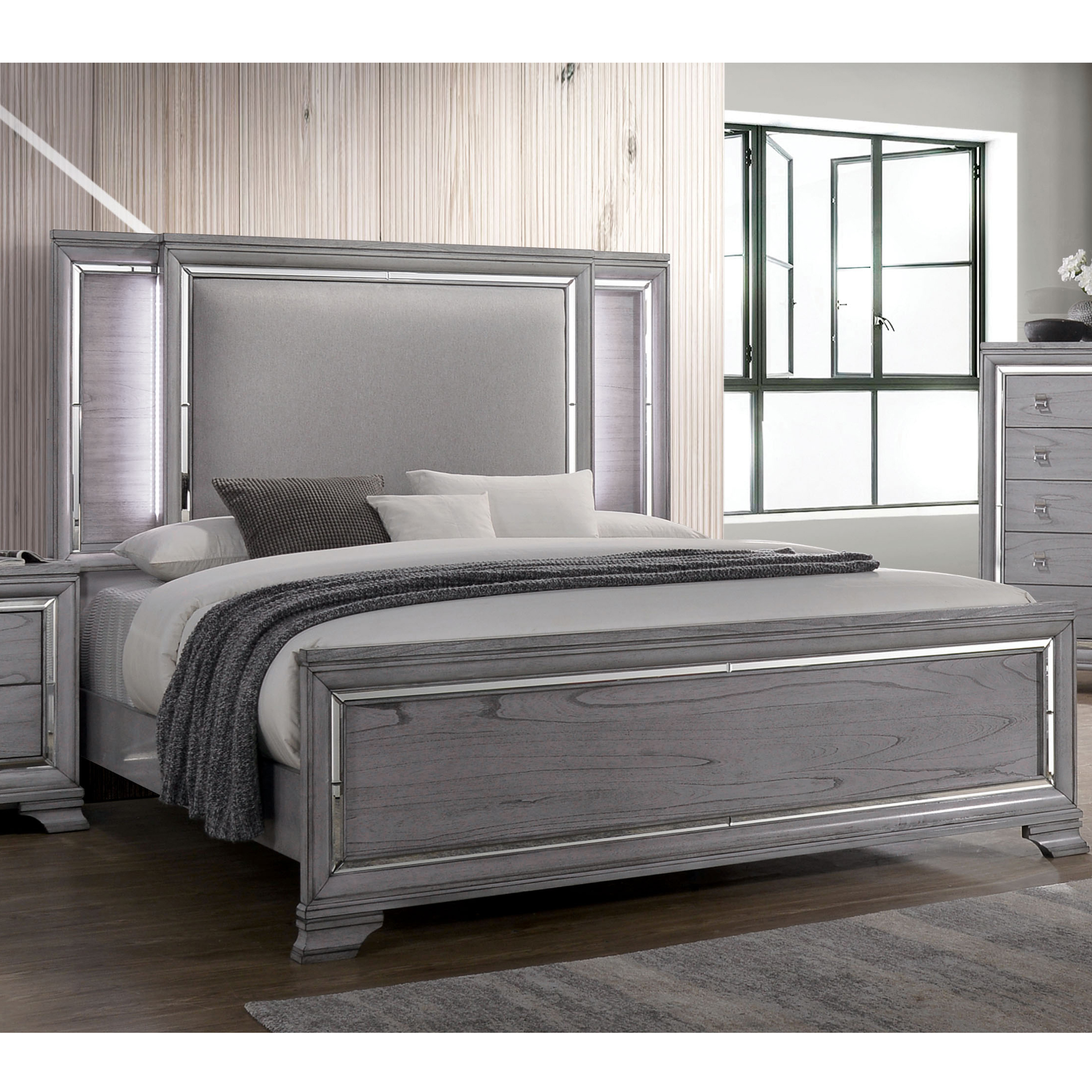 Furniture of America Seboya Gray King Panel Bed with LED Light and