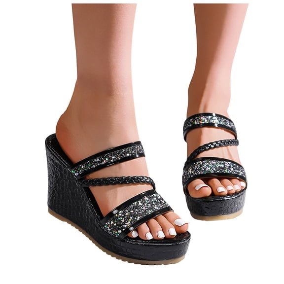 Rokment Womens Sparkly Sequin Wedge High Heels Slides Sandals Bride Wedding Bling Leather Braided Band Open Toe Platform Chunky Slip on Heeled Summer Dressy Shoes for Ladies Black Size 6