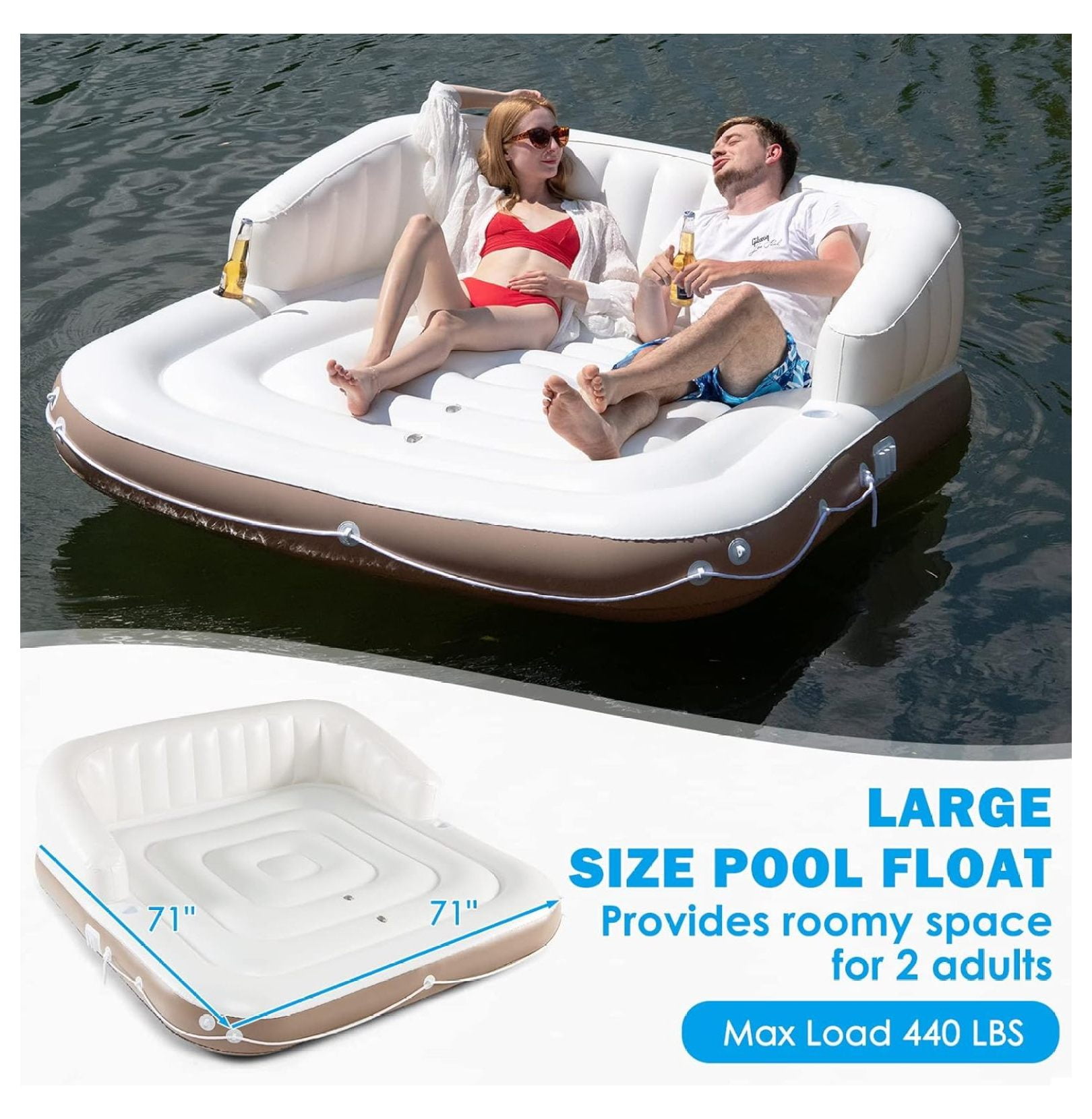 2-3 Person Inflatable Pool Float, 71”x71” Giant Inflatable Island Bed with UPF50 Retractable Canopy & Built-in Cup Holder, Load 440LBS, Blow-up Floating Lounge Island for Pool Lake Beach