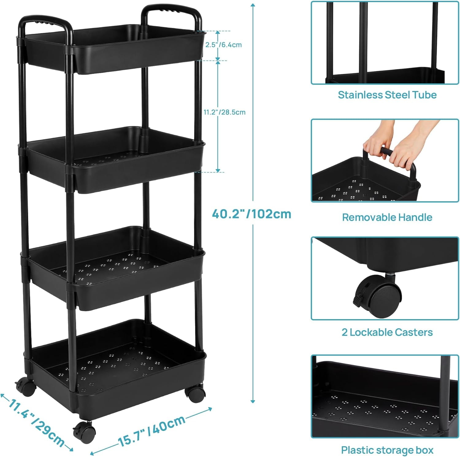 Rolling 4 Tier With Handle - Mobile Rolling Storage Trolley With Wheels For  Kitchen \u0026 Bathroom Utility Cart, image size:1500x1492