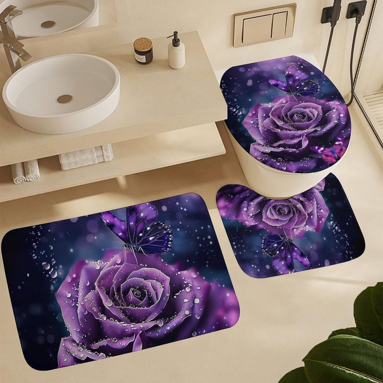 Purple Rose Butterfly 4 Pcs Bathroom Shower Curtain Set,Bathroom Sets with Rugs (Bath Mat,U Shape and Toilet Lid Cover Mat), Bathroom Decor Set