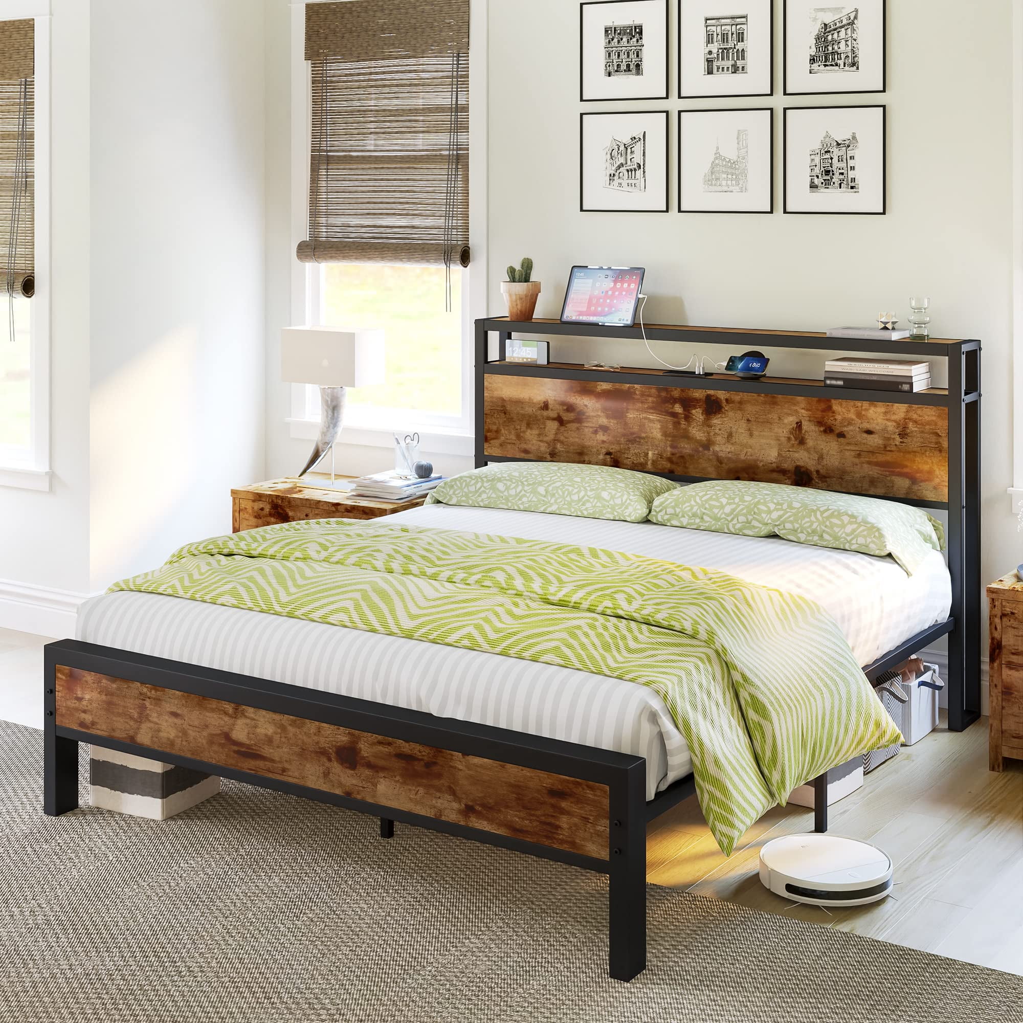 VanAcc Full Size Metal Bed Frame with 2-Tier Storage Headboard and Charging Station, Rustic Brown