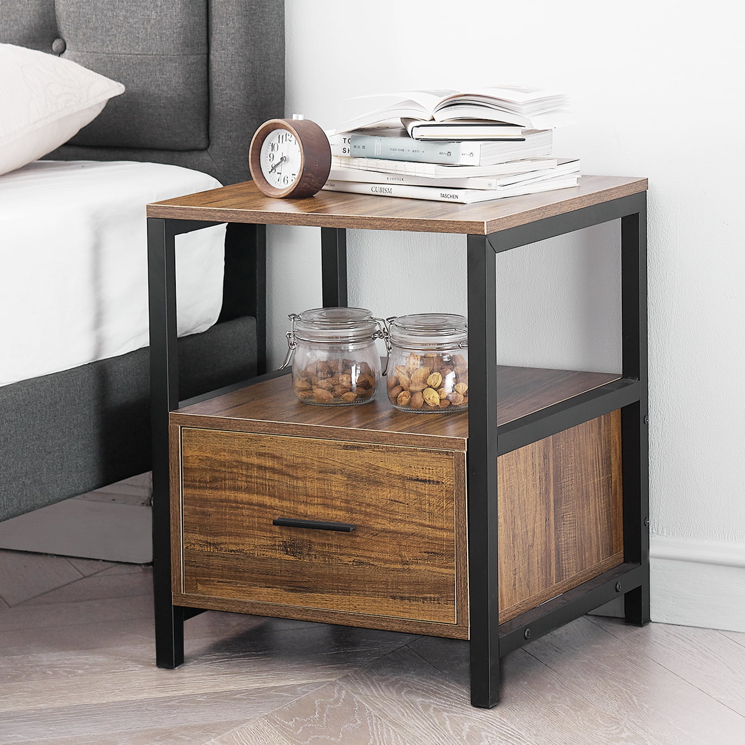 VECELO Industrial Nightstand with Metal Frame, Side End Table with