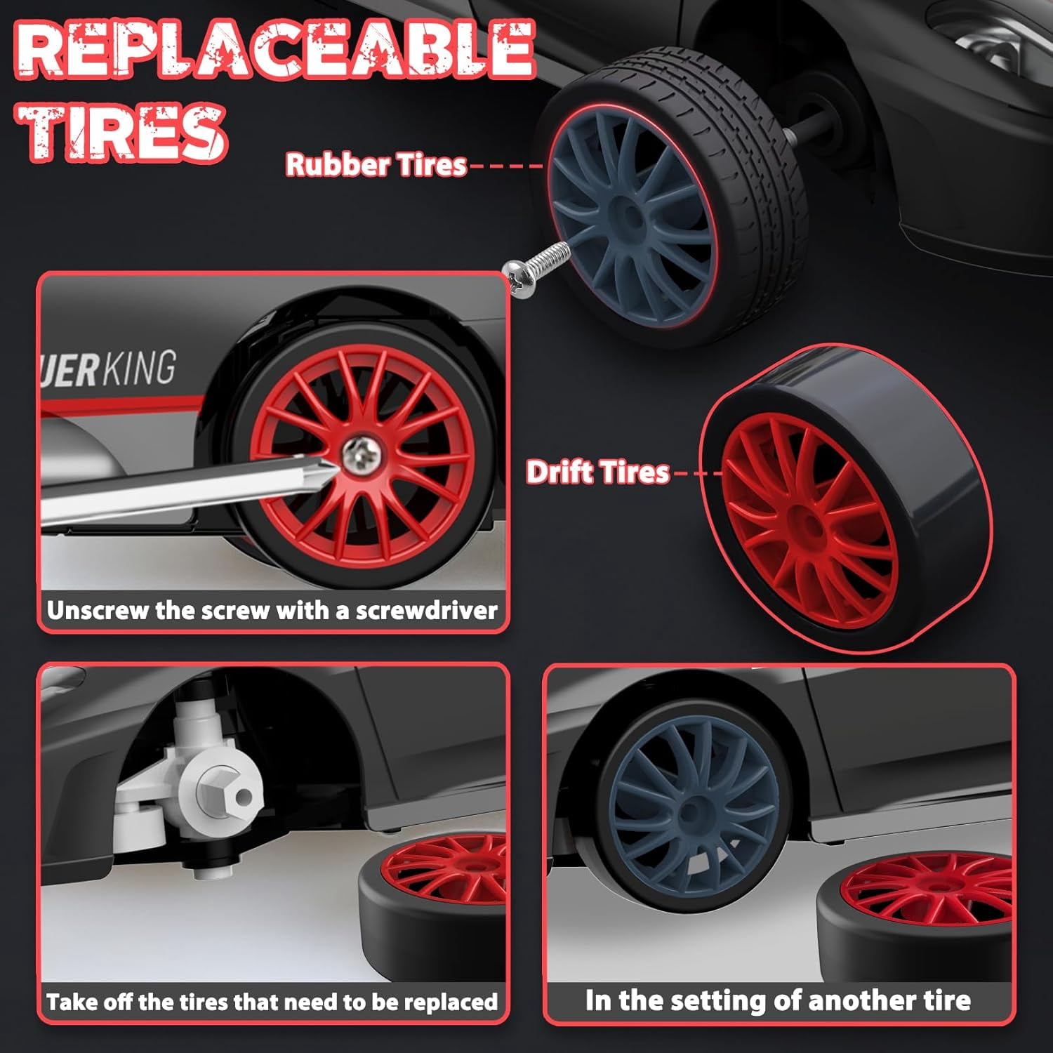 AIGIA 1:24 Scale Remote Control Car RC Drift Car 2.4GHz 4WD 15KM/H High Speed Two Batteries and Extra Tires Toys
