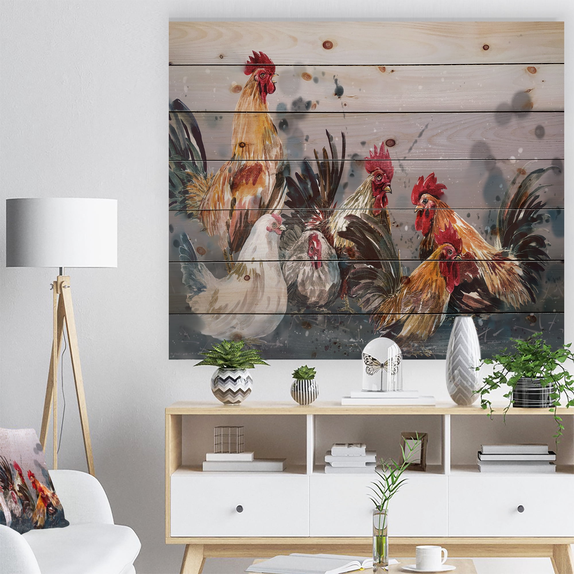 Designart 'Group of Rooster in Gray Farm background ' Animal Print on Natural Pine Wood