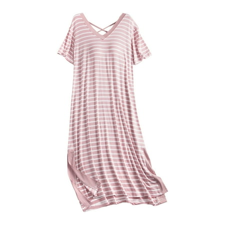PMVFHDE Women s Fashion Striped Short Sleeve Sleep Dress with Built in Bra Knee-Length Home Wear Womens Holiday Pajamas