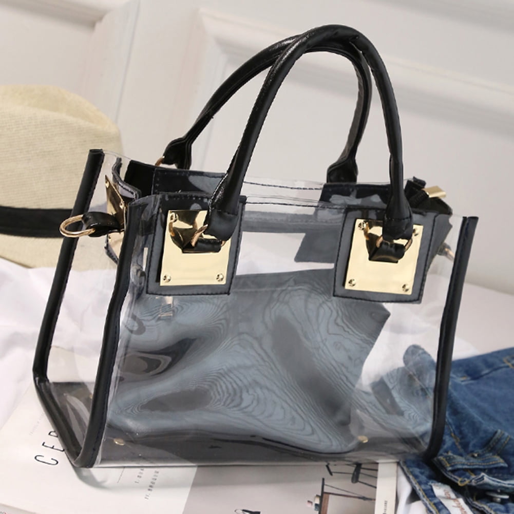 2Pcs sets Clear Graffiti Handbag Linen PVC Transparent Women Fashion  Shoulder Beach Jelly Purse Tote New Trend Brand Clutch Bags
