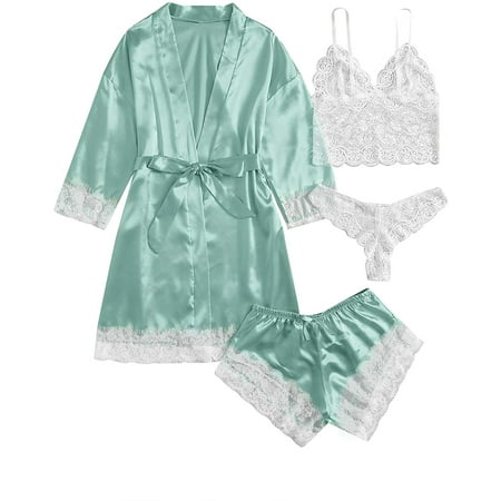 

ZHENG Women s Satin Pajama Set 4pcs Floral Lace Trim Cami Lingerie Sleepwear with Robe