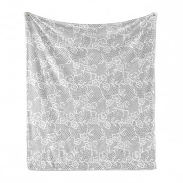 Grey Soft Flannel Fleece Throw Blanket, Artwork Inspired Oriental Turkish Lace Pattern with Traditional Impression Image, Cozy Plush for Indoor and Outdoor Use, 50" x 60", White, by Ambesonne