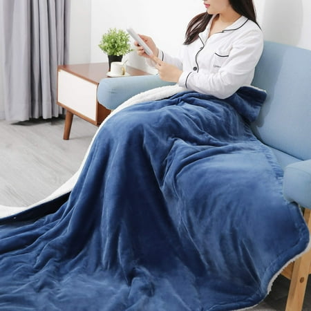 Electric Blanket 50'' x 60'' Flannel & Shu Velveteen Heated Throw with 6 Heating Levels 5 Auto-off Timing Settings Machine Washable - Blue
