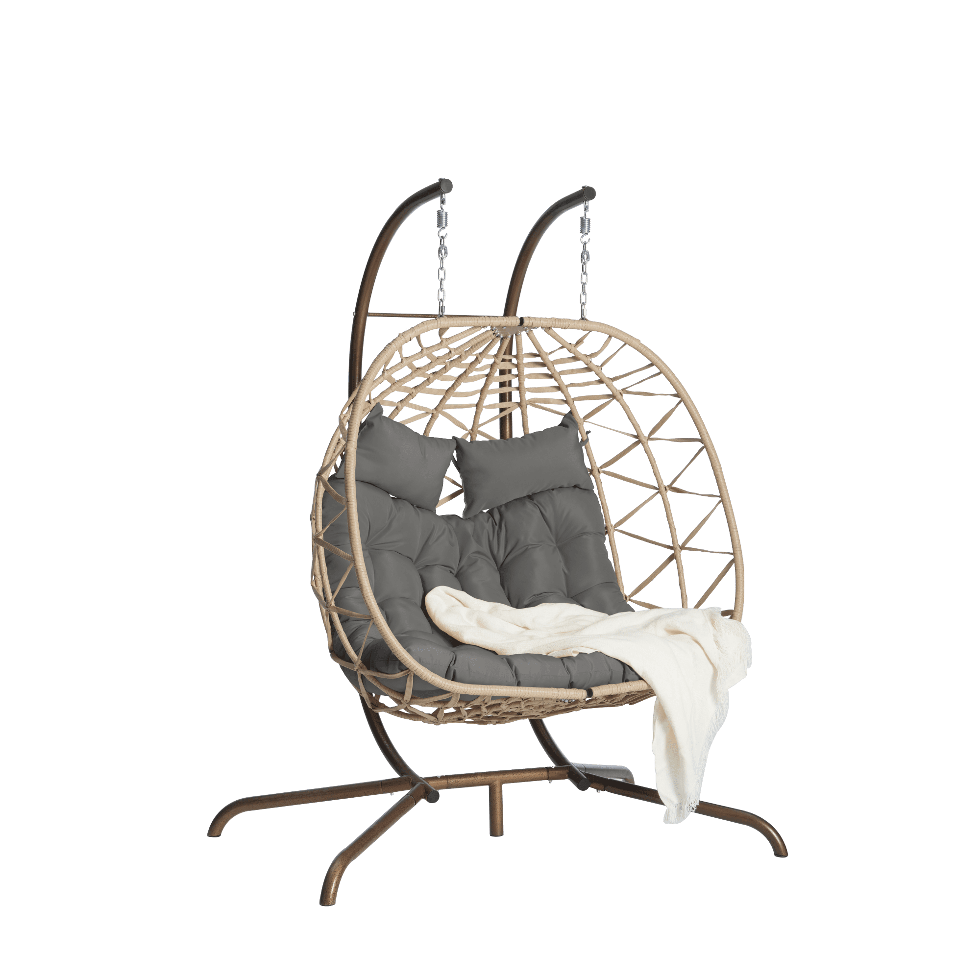 Leumius Double Egg Chair with Stand,Indoor Outdoor Wicker Swing Egg Hanging Chair with UV Resistant Cushions for Patio,Balcony,Porch,600 lbs,Natural+Dark Gray