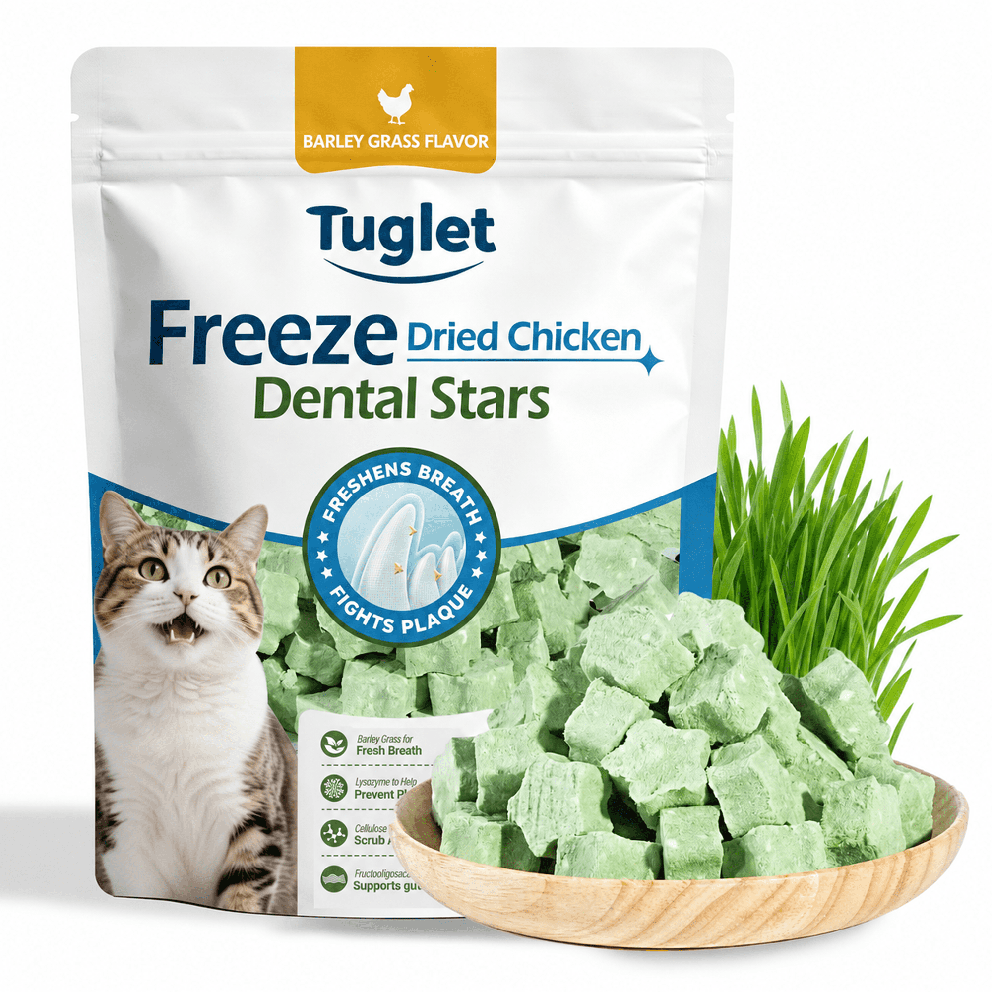 TUGLET Freeze Dried Chicken Cat Grass Dental Indoor Cat Treats, Hairball Support & Teeth Cleaning Cat Snacks for Small, Medium & Large Cats, 3.6 oz Bag