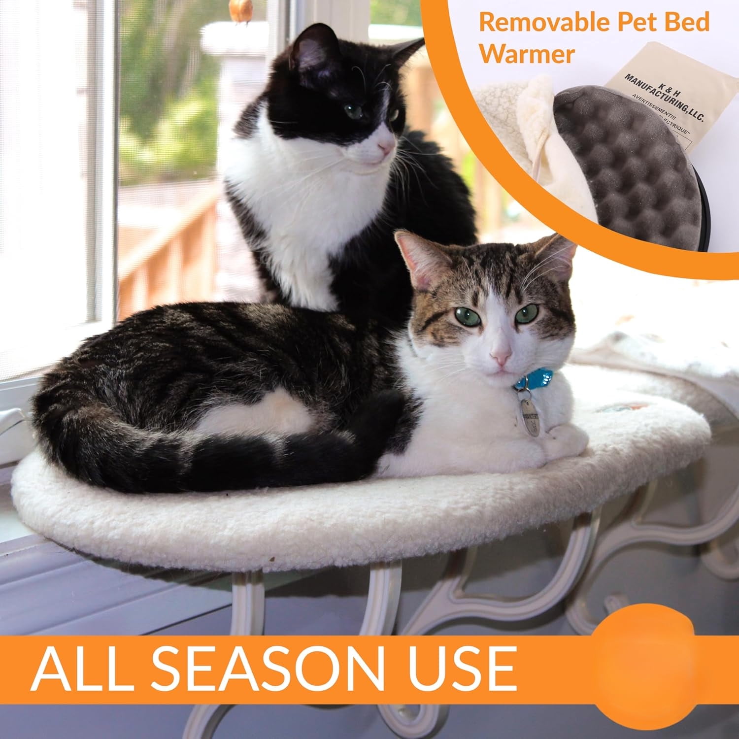 Kitty Sill Heated Cat Window Perch for Large Cats, Orthopedic Window Hammock Bed Holds 40LBS, Washable Cover, Kitty Windowsill Bed Seat for Indoors - Cream Fleece, Heated