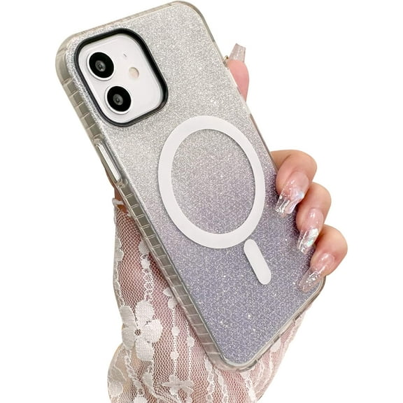 for iPhone 12 Case Bling Glitter Gradient Magnetic 【Support for Magsafe】 Florescent Sparkly Wireless Screen Protector Shockproof Clear Anti-Dropping Full Body Protection Cover-Purple