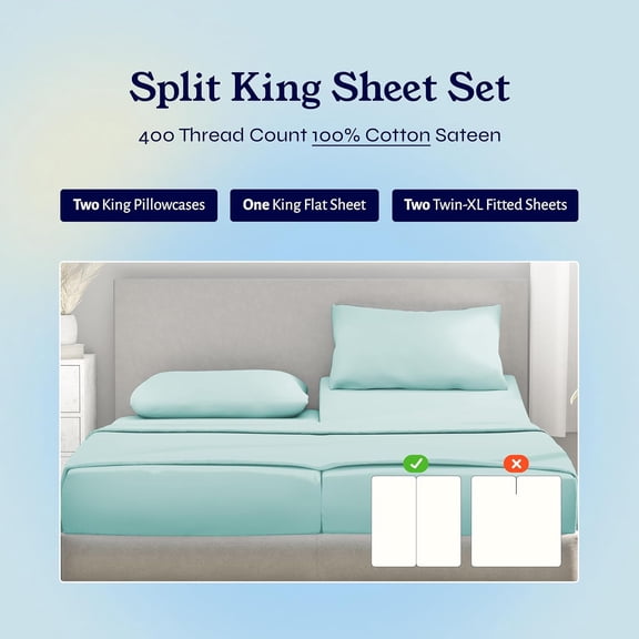 Split King Sheet Set for Adjustable Beds - 400 Thread Count Sateen, 100% Natural Cotton Deep Pocket Bedding, Cooling & Durable - Seafoam