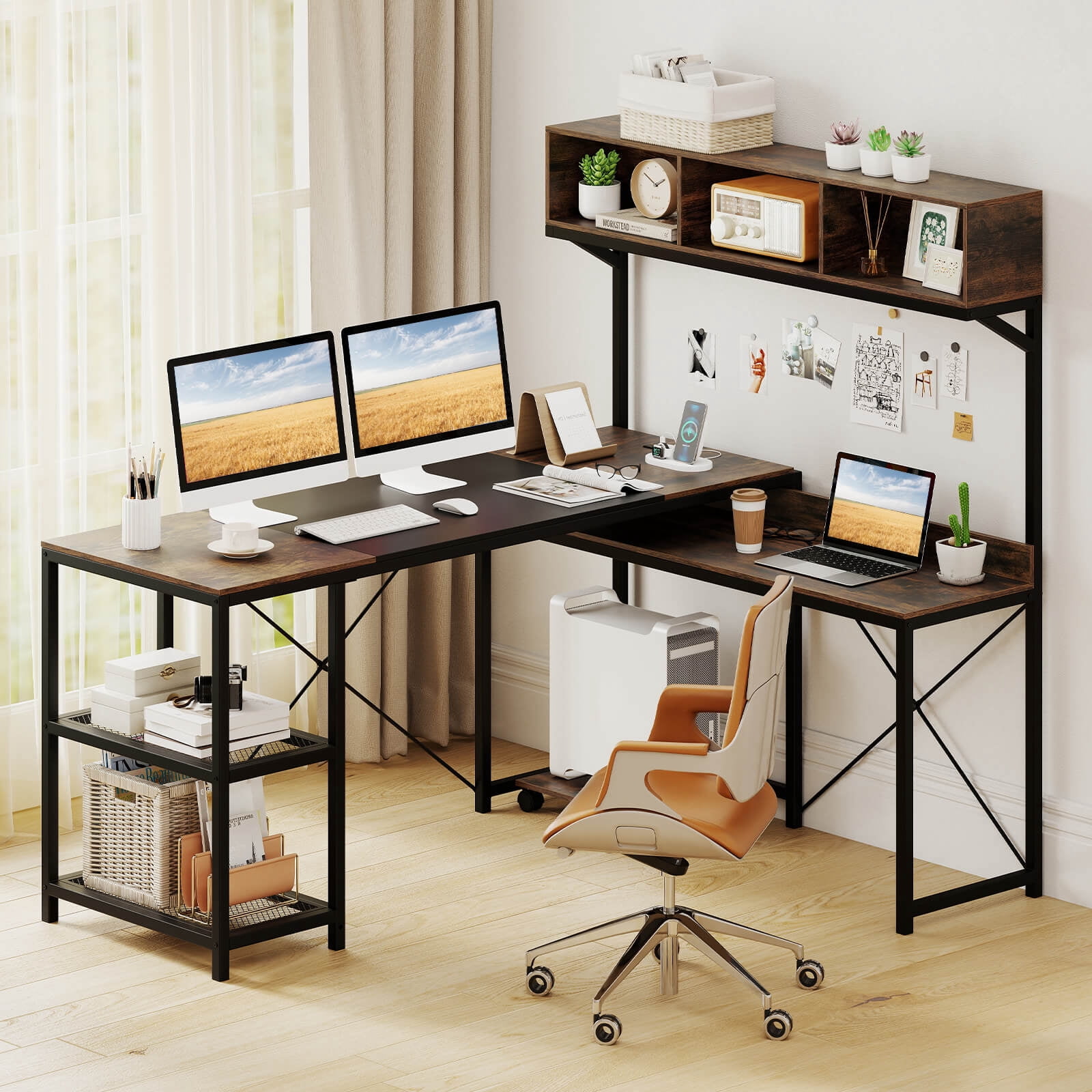 Costway L-Shaped Computer Desk with Power Outlets, 62” Corner Desk with Storage Hutch