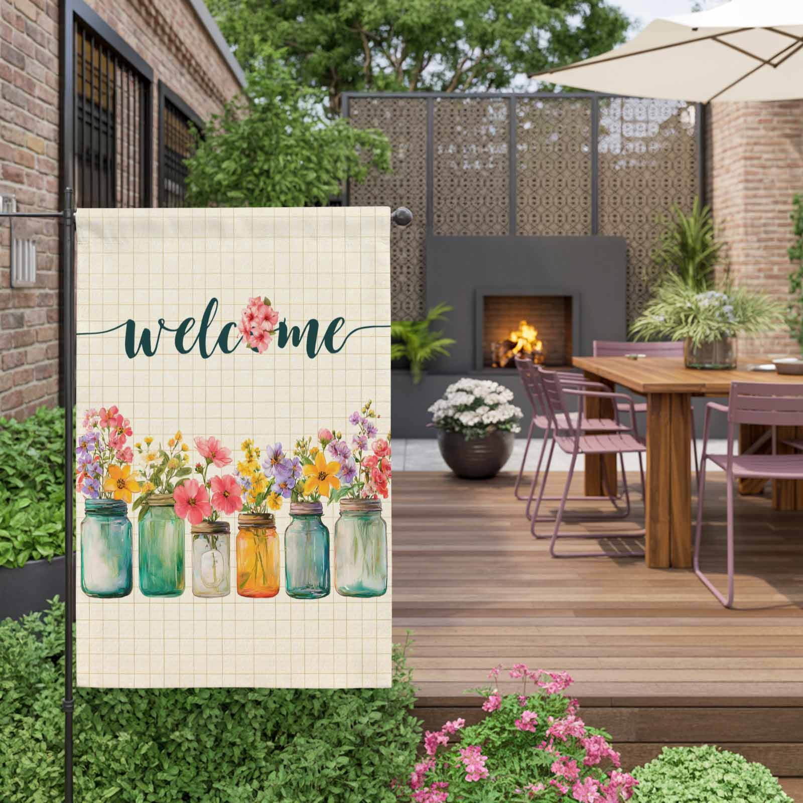 Welcome House Flag 28 x 40 Inches, Wildflowers Vintage Mason Jars Farmhouse Weather Proof Outdoor Patio Flags Double Sided Small House Decoration for Yard Lawn Outside Home