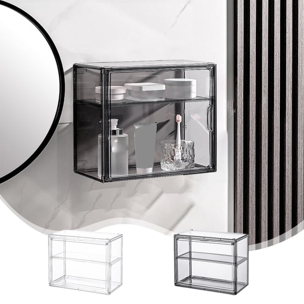 Organizador cosmético apilable transparente - Caja de plástico gris con apertura grande, almacenamiento de baño montado en la pared de 27x22x13cm con cierre magnético