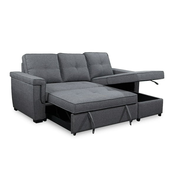 Grey Linen Reversible Sofabed Sectional w Storage and Piping Details