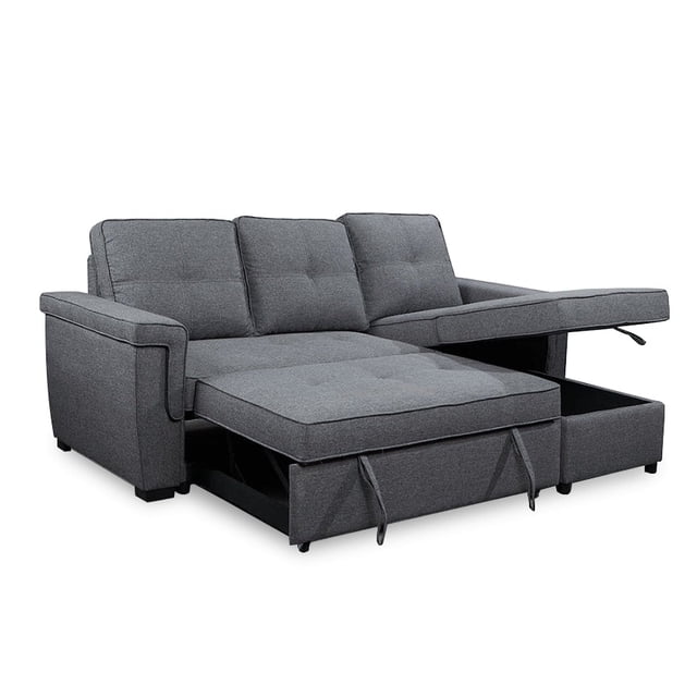 Grey Linen Reversible Sofabed Sectional w Storage and Piping Details