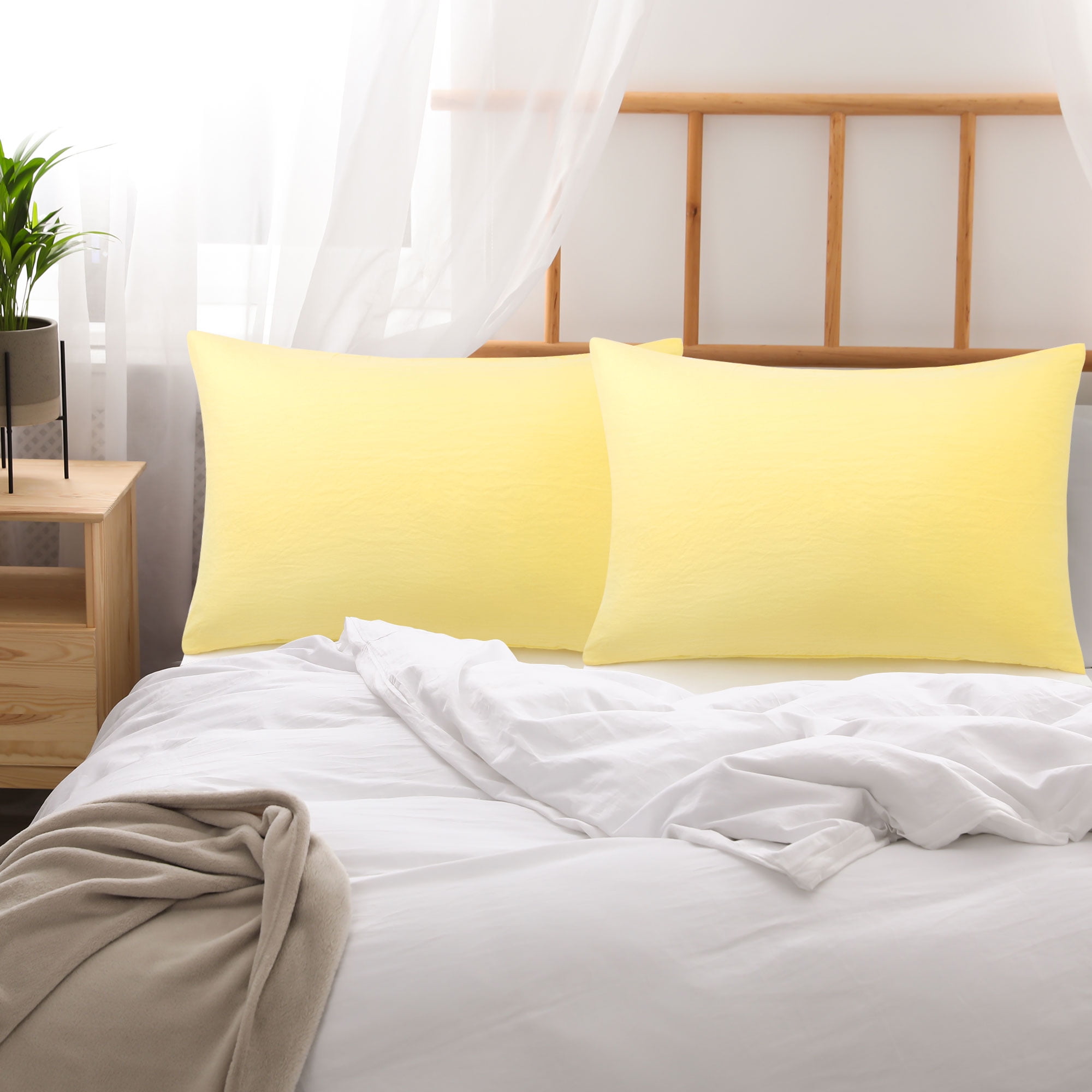 Unique Bargains 2Pcs Envelope Closure Washed Microfiber Pillowcases Queen Yellow