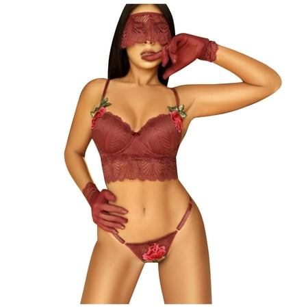 

Frehsky underwear women Ladies Lingerie Teddy Eyelash Lace Three-point Set 5-piece Set Red
