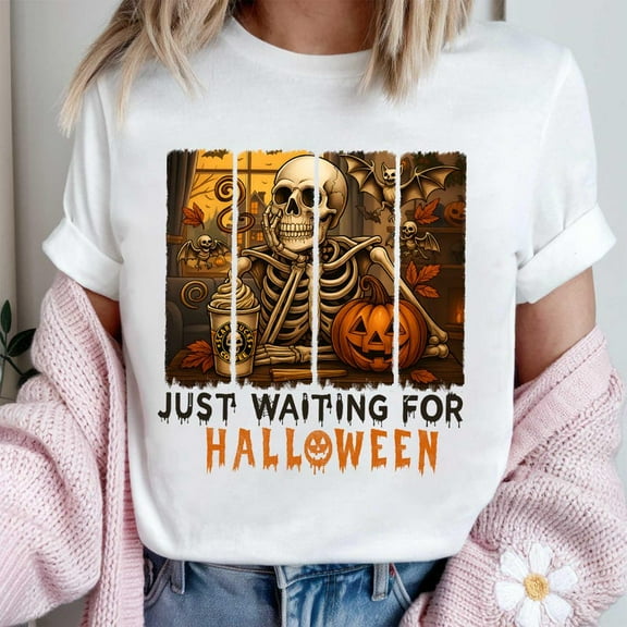 Just Waiting for Halloween Shirt, Funny Coffee Tee, Vintage Skull Pumpkin T-Shirt, Spooky Fall Halloween Graphic Shirt