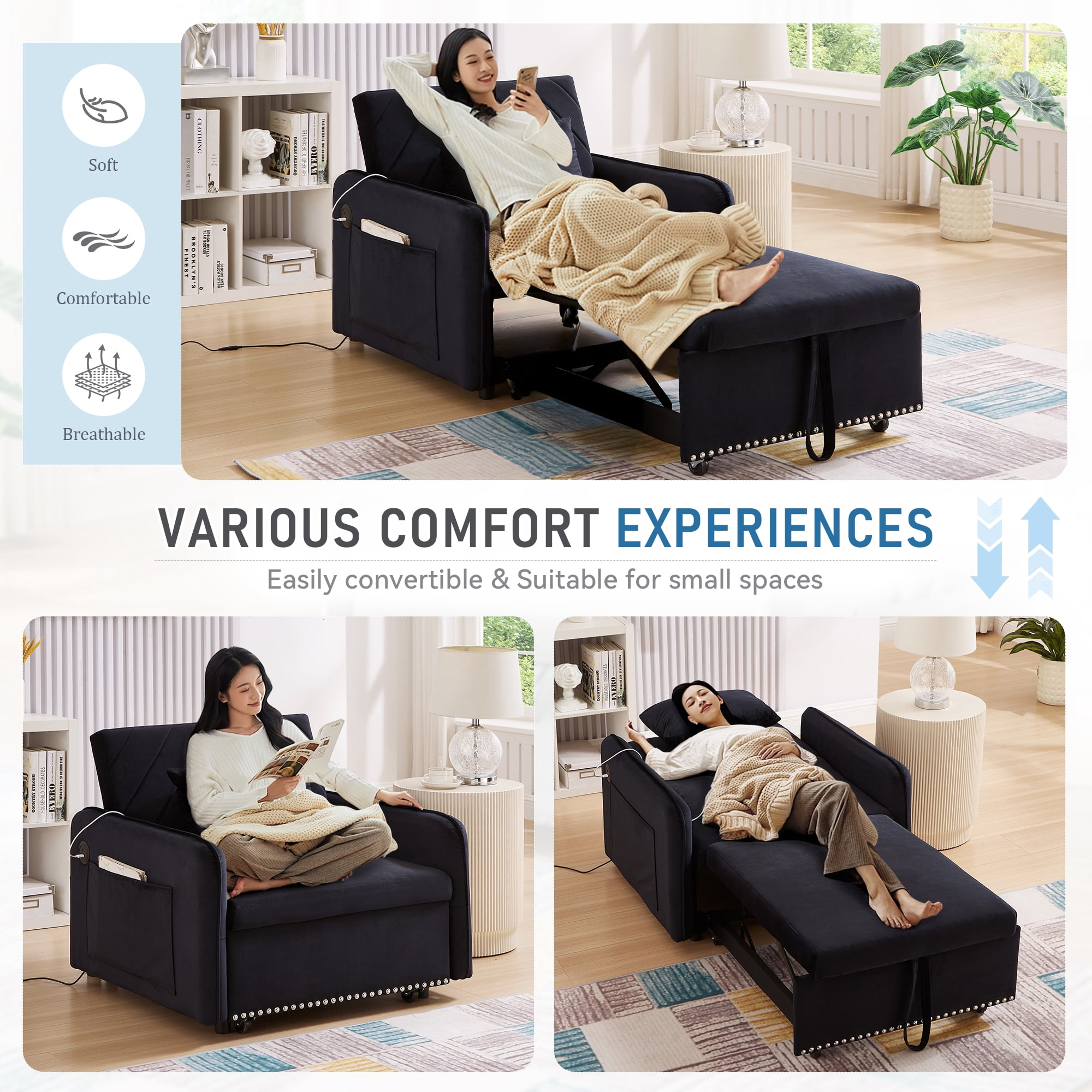 Lunale 3-in-1 Convertible Sleeper Chair Bed, Indoor Lounge Chair with USB/Type-C, Black Velvet