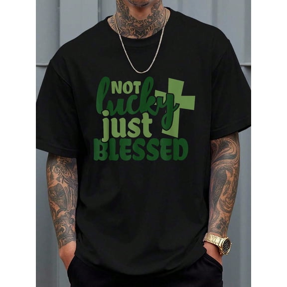 Men's Not Lucky Just Blessed Graphic T-Shirt, Inspirational Christian Short Sleeve Tee, Black