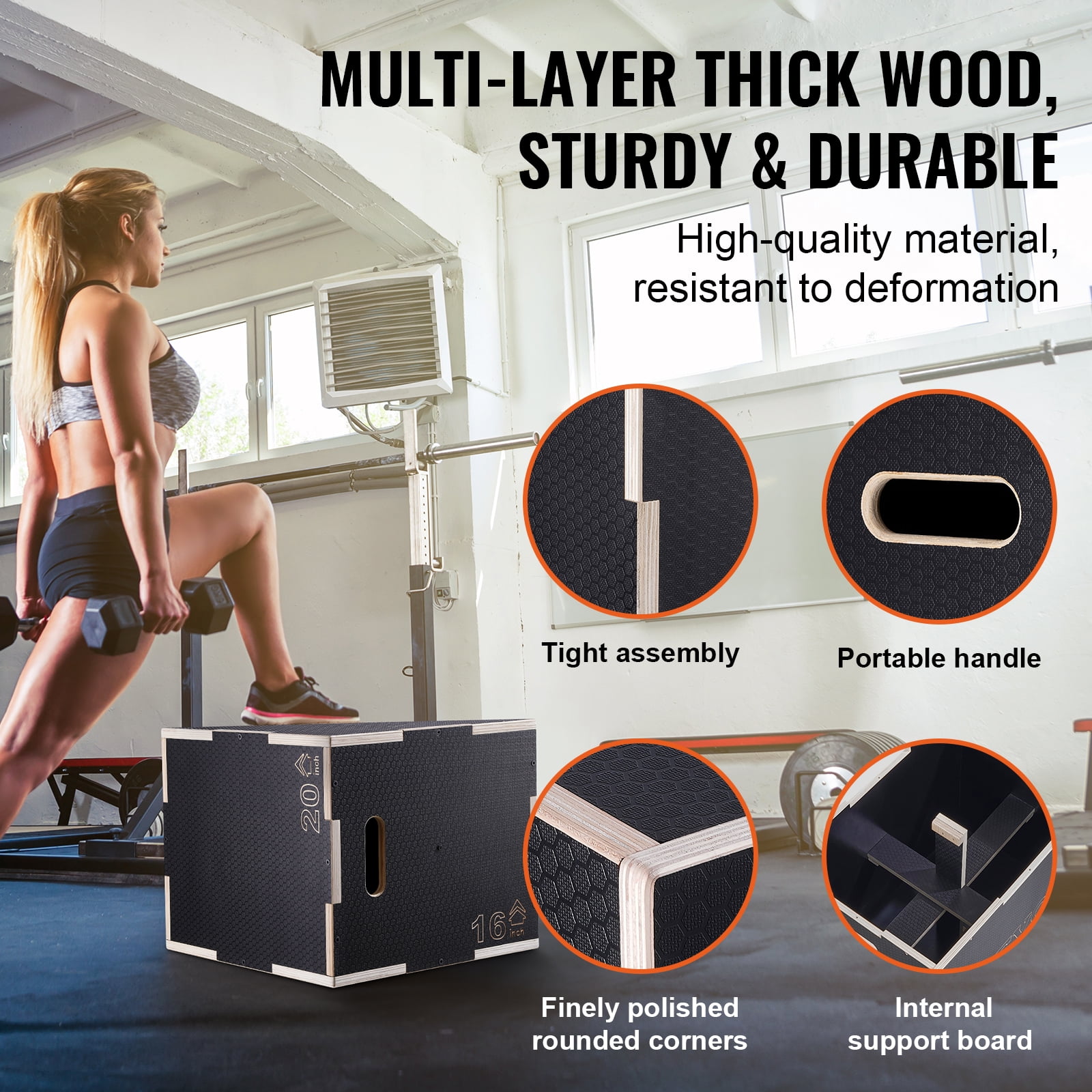 KFFKFF 20/18/16 Inch 3 in 1 Plyometric Jump Box Fitness Exercise Plyo Box Wooden