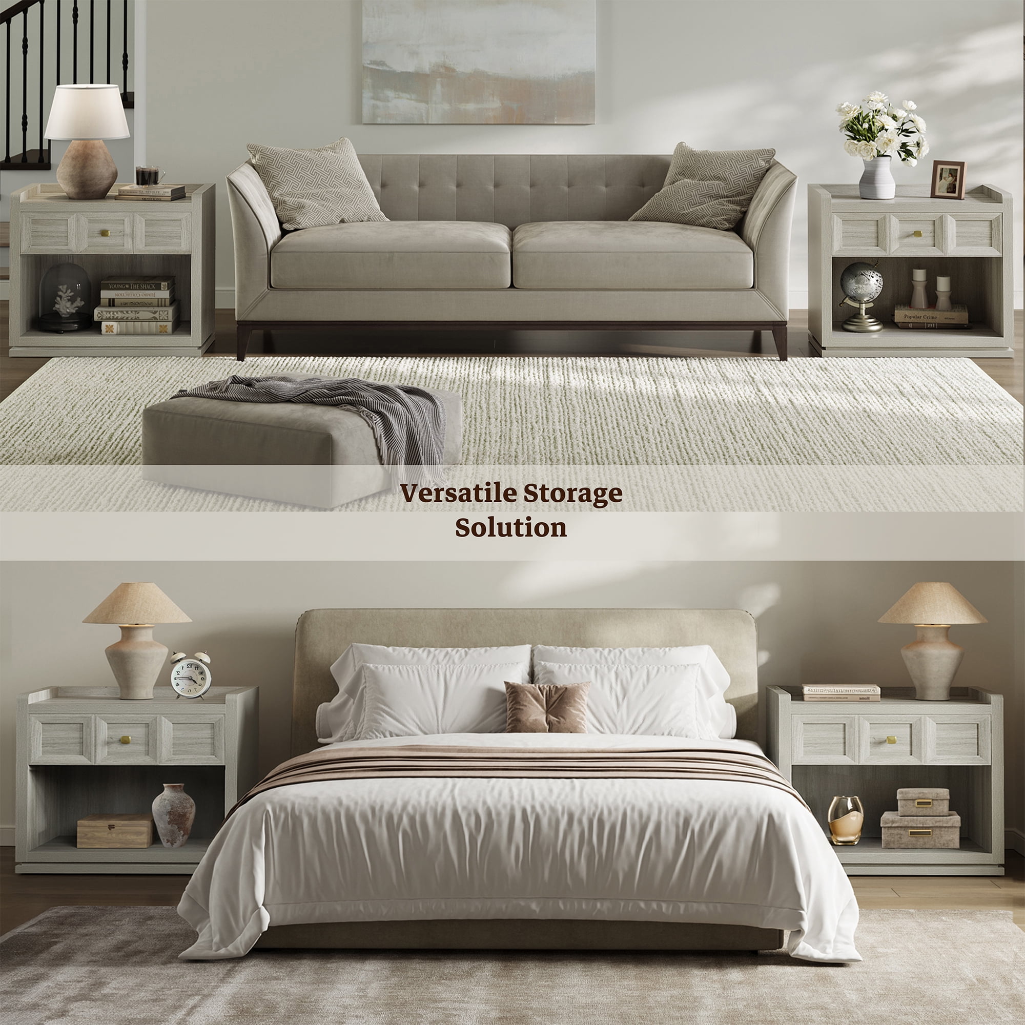 SICOTAS 31" W Farmhouse Nightstands Set of 2, Big nightstands with Drawer & Open Shelves, Large Bedside Table, End table for Bedroom, Living Room, White Oak