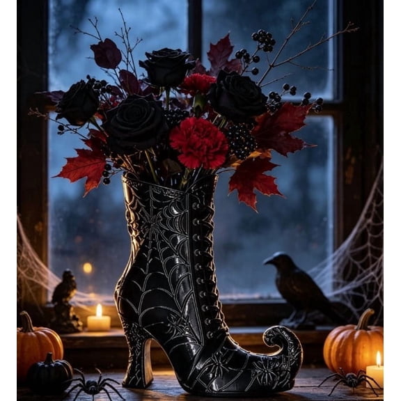 XMMSWDLA 9.6in Black Spider Pattern Gothic Witch Boot Vase, Pointed Knee-High Boot Halloween Vase, Table Fireplace Decor for Home Party